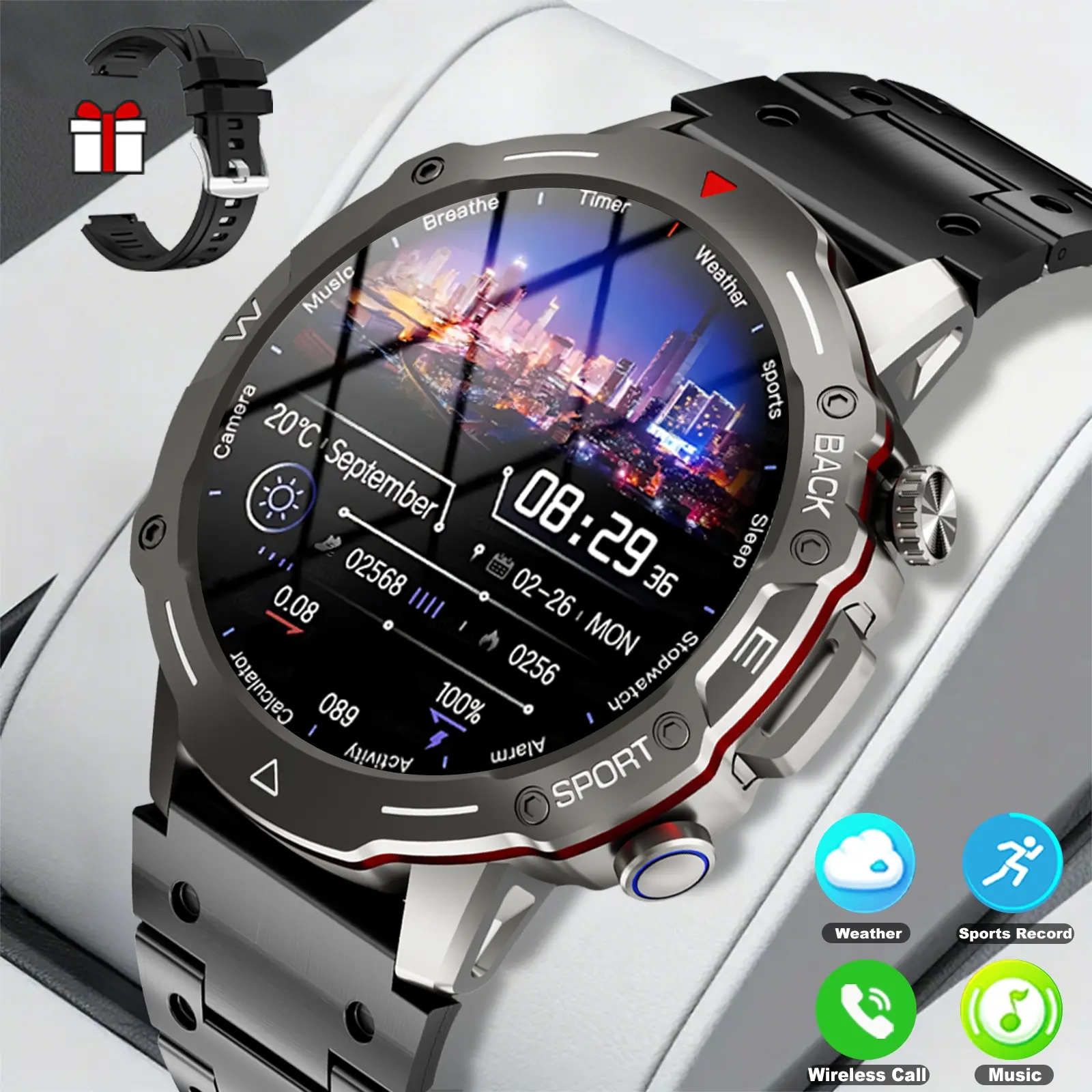 Men's sports multifunctional smart watch with wireless calling and message push, weather forecast, music control, multiple sports modes, fitness tracker, compatible with iPhone and Android phones, Christmas gift, Multifunctional Smartwatch