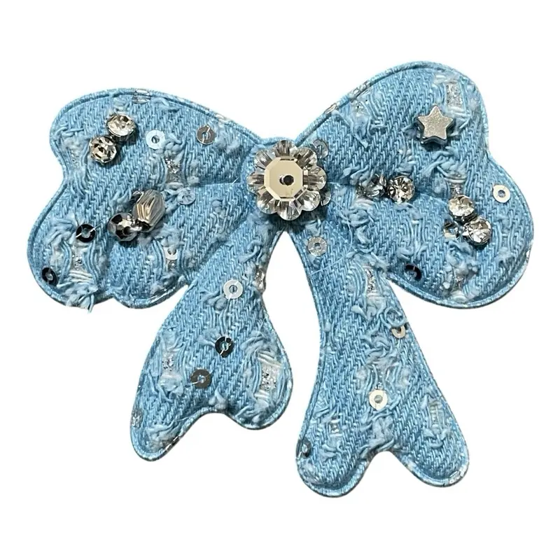 Denim Bow Beaded Rhinestone Sew-On Patches - Textile Sewing Embellishment Accessory for Women’s Tops, Embroidery Sweatshirts