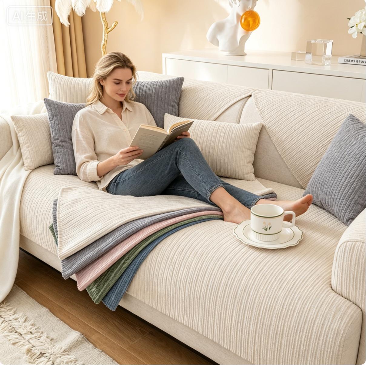 Effortless Neutral Couch Pad | Ribbed Beige Slipcover for Low-Key Luxury Aesthetics