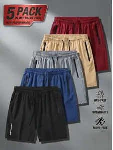 5-Pack Men's Loose Tech Training Shorts - Performance Sport Bottoms with Zipper Pockets, Quick Dry Lightweight Casual Sweat Shorts for Gym, Running & Summer, Elastic Loose Shorts