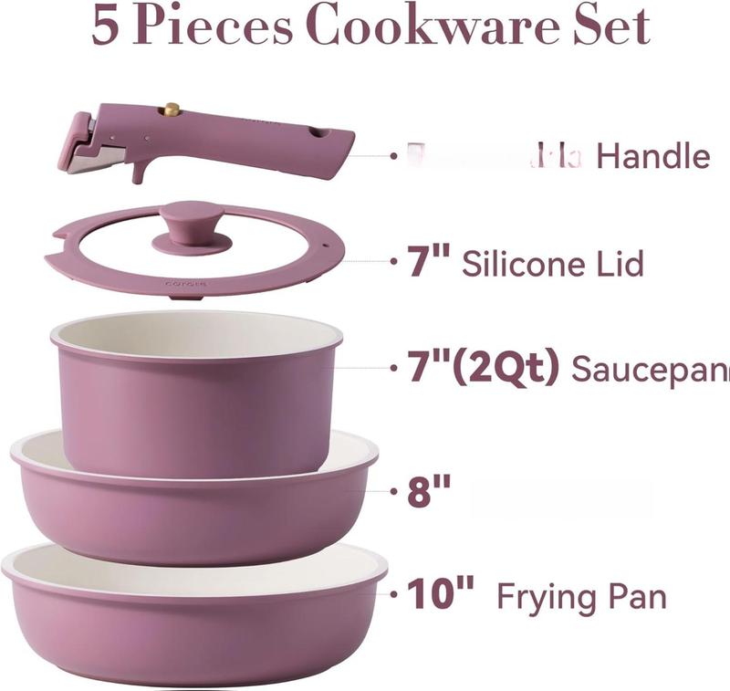 CAROTE 5pcs Pots and Pans Set Non stick,Cookware Set Detachable Handle,kitchen essentials,RV kitchen pot and pan,Induction Cookware,Oven Safe,PFOA PFOS FREE,Purple