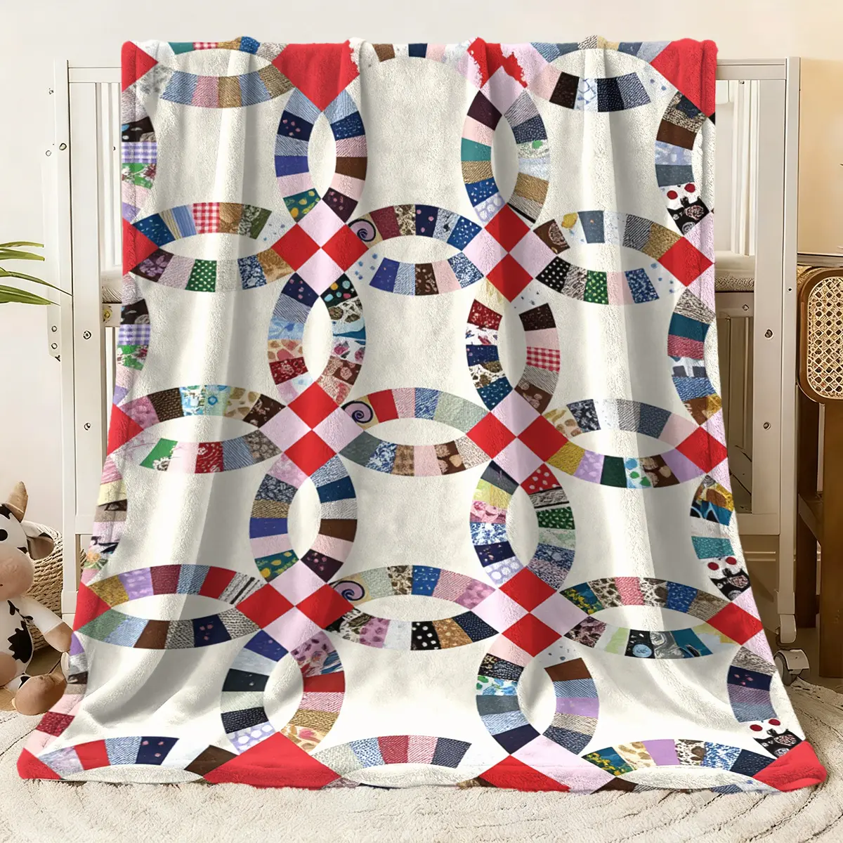 Vintage - Inspired Patchwork Ring & Checkered Print Blanket - Colorful Retro Quilt - Style Design Soft Throw with Assorted Fabric Patches, Ideal for Cozy Home Decor & Offered in Multi Sizes