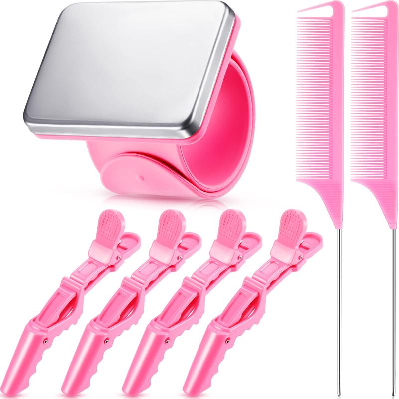 7-Piece Pink Hair Braiding Tools Set: Magnetic Pin Wristband, 2 Stainless Steel Pintail Combs & 4 Wide Teeth Alligator Clips for Braid Making