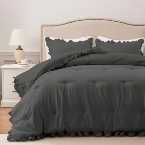Twin Comforter Grey - Ruffle Comforter for Twin Size, Fluffy Twin Size Comforter for Seasons, 2 Comforter Sets(1 Comforter  1 Pillow Sham)
