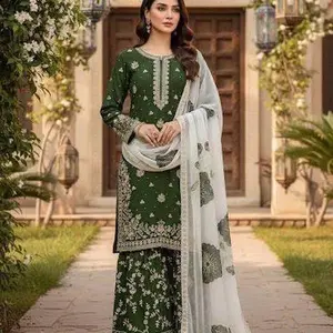 Elegant Three Piece Embroidery Kurta Set in Silk Fabric with Green/ purple  and White Accents for Special Occasions