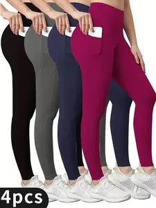 4-Pack Plus Size High-Waisted Cropped Sports Leggings for Women - Comfortable Fitness Running Compression Tights with Pockets for Spring & Autumn - Breathable, Moisture-Wicking, Four-Way Stretch, and Soft Fabric