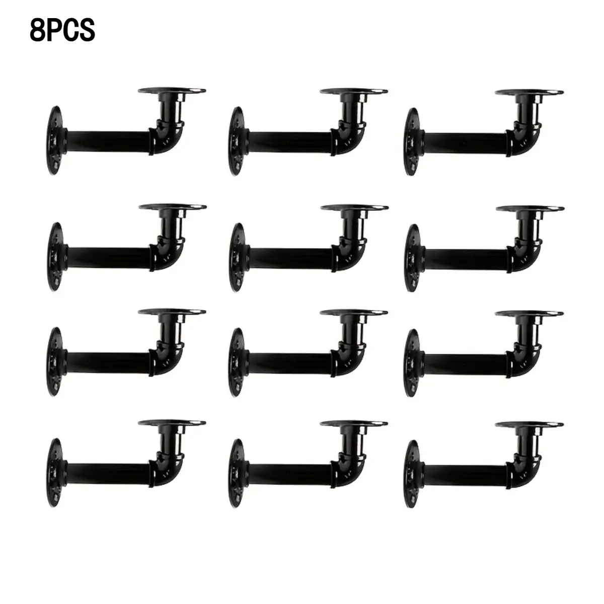 Industrial Pipe Shelf Brackets Set of 8 - Heavy Duty Black Iron Floating Shelving Wall Brackets for Rustic Decor - Sturdy Metal Hanging Hardware for DIY Floating Shelves, Bookshelf, Pantry Storage - Vintage Loft Accent