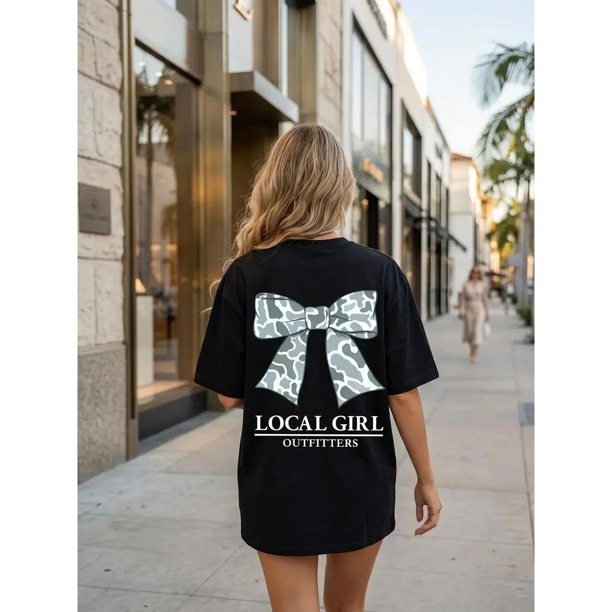 Local Girl Outfitters Women's Camo Bow Round Neck T-Shirt - Cotton-Spandex Fabric, Oversized Printed Southern Graphic Top, Trendy Fall Rodeo Wear, Comfort Colors Casual Streetwear