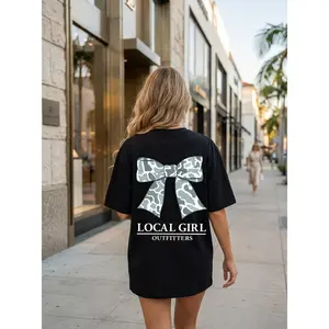 Local Girl Outfitters Women's Camo Bow Round Neck T-Shirt - Cotton-Spandex Fabric, Oversized Printed Southern Graphic Top, Trendy Fall Rodeo Wear, Comfort Colors Casual Streetwear