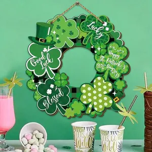 St Patrick's Day Vintage Farmhouse Wooden Wreath, Irish Clover & Dwarf Hat, Artificial Wood Home Decor, Indoor Outdoor Hanging, Greenery Garland