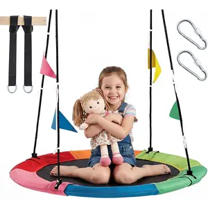39" Outdoor Flying Saucer Swing Set, 440 lb Weight Limit – Single-Rider Round Tree Swing with 600D Oxford Fabric, Adjustable Hanging Kit & Colorful Flags, Quick Setup for Deck, Garden & Porch, Ideal for Adults & Teens (Rainbow/Blue)