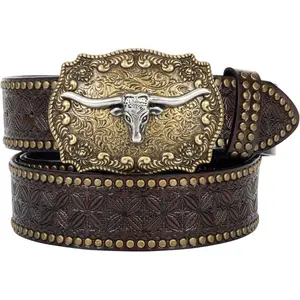Western-Cowboy-Belts for Men/Women - Mens Western Belt with Longhorn-Bull-Buckle Cowgirl-Country PU-Leather-Belt for Jeans