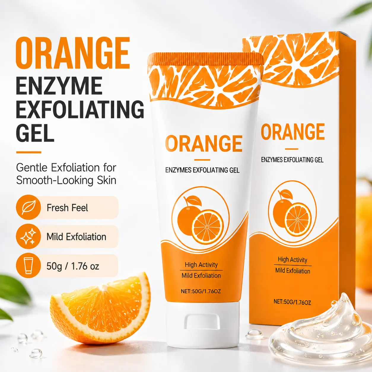Orange Enzyme Exfoliating Gel, Gentle Facial Peeling Gel for Smooth & Radiant Skin, Dead Skin Remover, Brightening Face Exfoliator, 50g