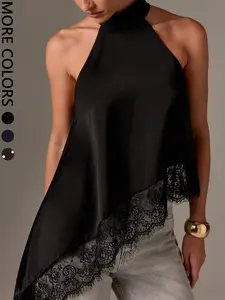 1 Piece Lace-Trimmed Halter Top Fitted | Euro-American Elegant Chic Vibe | Cold Shoulder Design + High Neck Halter | Sophisticated Pick for Holiday Nights / Formal Occasions