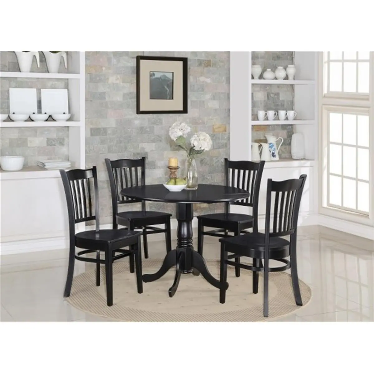 212 MAIN 3-Piece Space-Saver Small Indoor Kitchen Furniture Set - Modest-Size Round Solid Wood Single Pedestal Drop Leaves Table with 2 Dinette Chairs