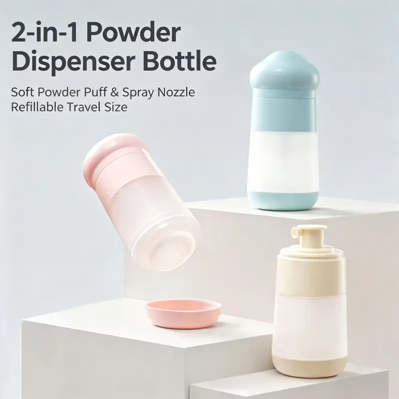 2-in-1 Baby Powder Dispenser Bottle, Refillable Travel Size Talcum Powder Spray Bottle with Powder Puff, Empty Portable Body Powder Container for Babies, Kids & Adults