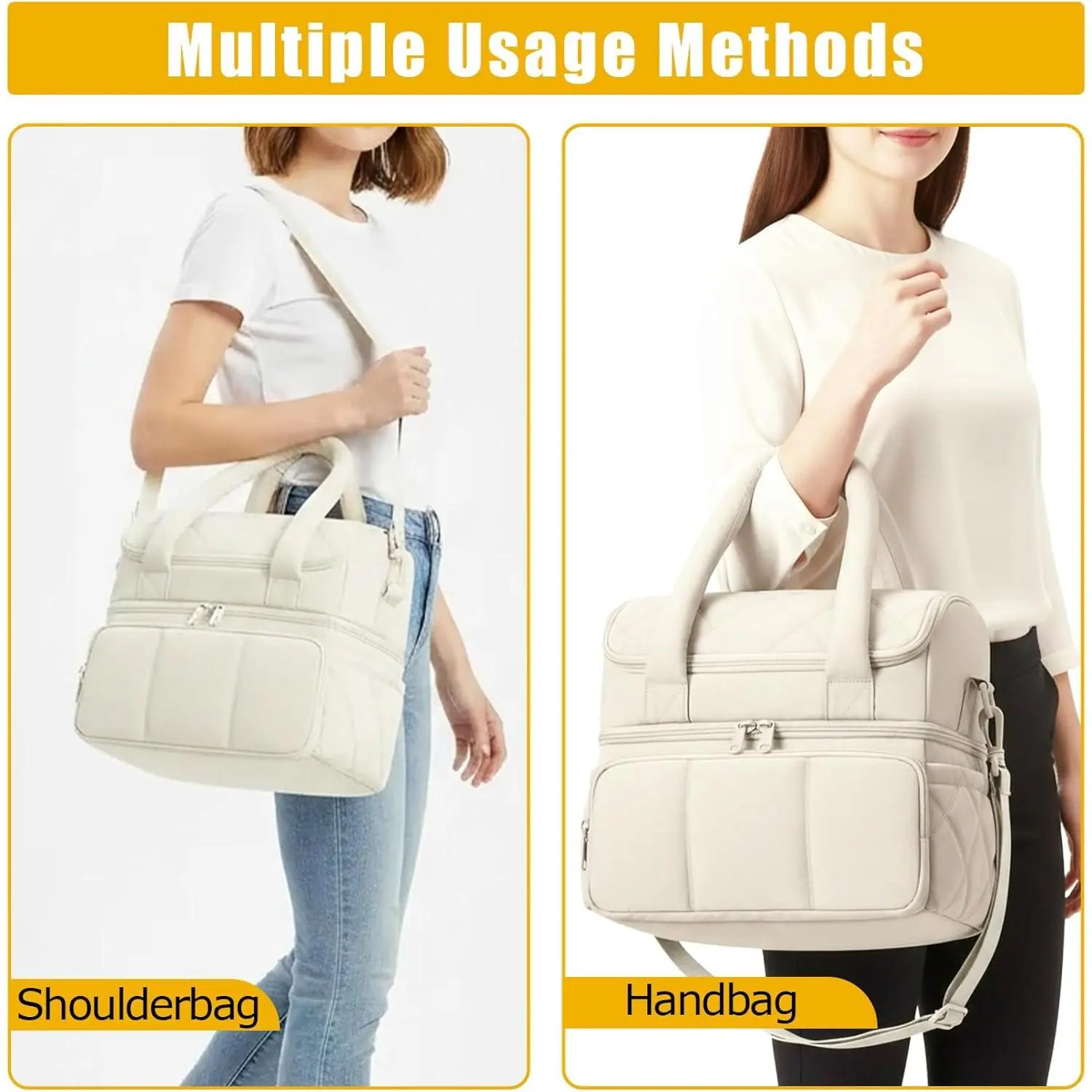 Double Decker Lunch Bag for Women, Wide Opening Insulated Womens Lunch Bag for Work, Leakproof Waterproof Large Leakproof Cooler Bag, Zipper Closure, with Adjustable Shoulder Strap and Side Pockets