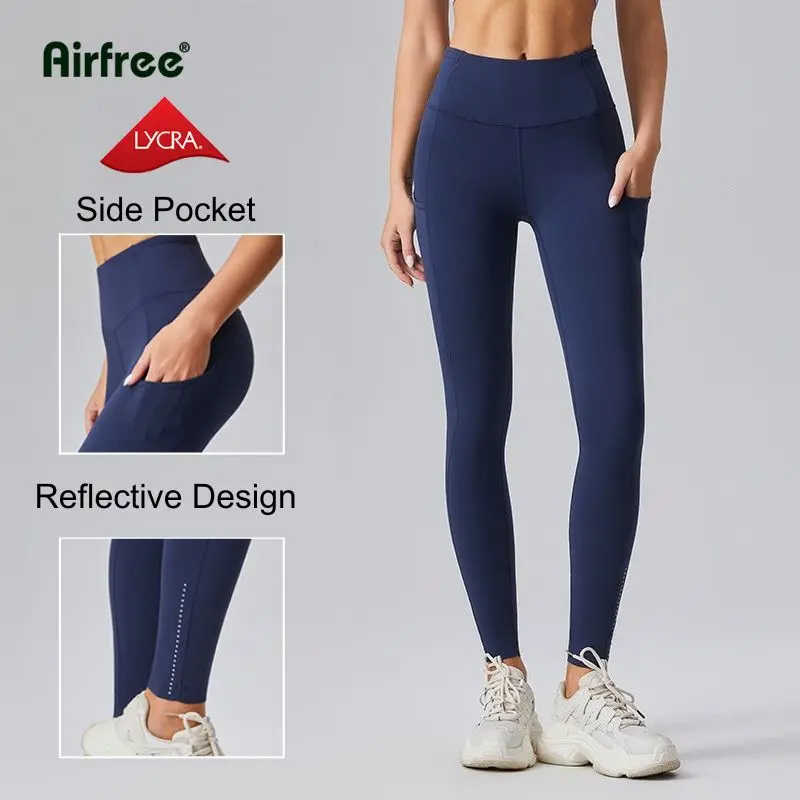 Women's High Waisted Tummy Control Side Pocket Leggings Ladies Sportswear Moisture-wicking Breathable Fabric & Reflective for Night Runs Pocket Leggings & Drawstring Trousers
