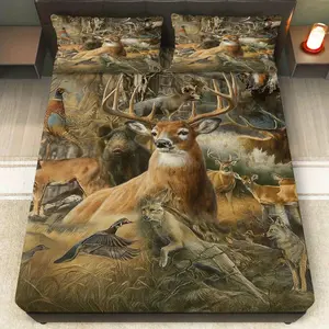 3pcs Forest Animal Deer Bed Sheet Fitted sheet Three Piece Set (1*Fitted Sheet+2*Pillowcases, Coreless), Hunting theme, Wildlife Bedding Set, Mattress protector Soft, Breathable, for Halloween, Decorative Bedding Set