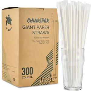 [300 Pack] Biodegradable 10 Inch Long Giant Paper Drinking Straws 8mm Wide - Individually Wrapped, Plain White