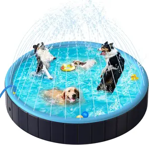 Foldable Pet Wading Pool with Splash Sprinkler, Outdoor Summer Bathtub for Puppy, Doggie, Pets, Blue -63 x 12 Inches  Play Fun Inflatable Swimming Pool Portable
