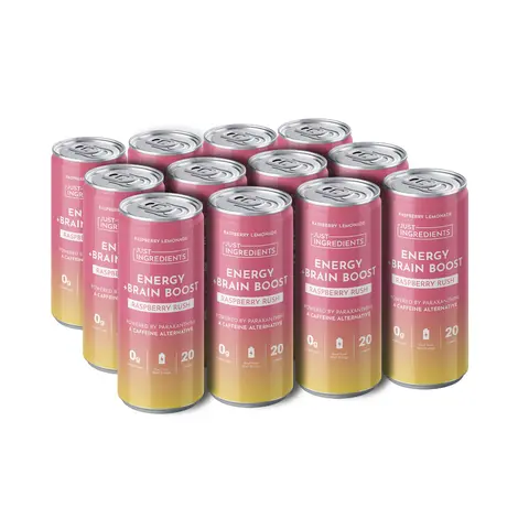 Just Ingredients Raspberry Rush Energy + Brain Boost - 12 Pack - Paraxanthine - Adaptogens & Nootropics - 12 oz Cans - Flavored with Real Fruit - No Added Sugar - BPA-Free Cans