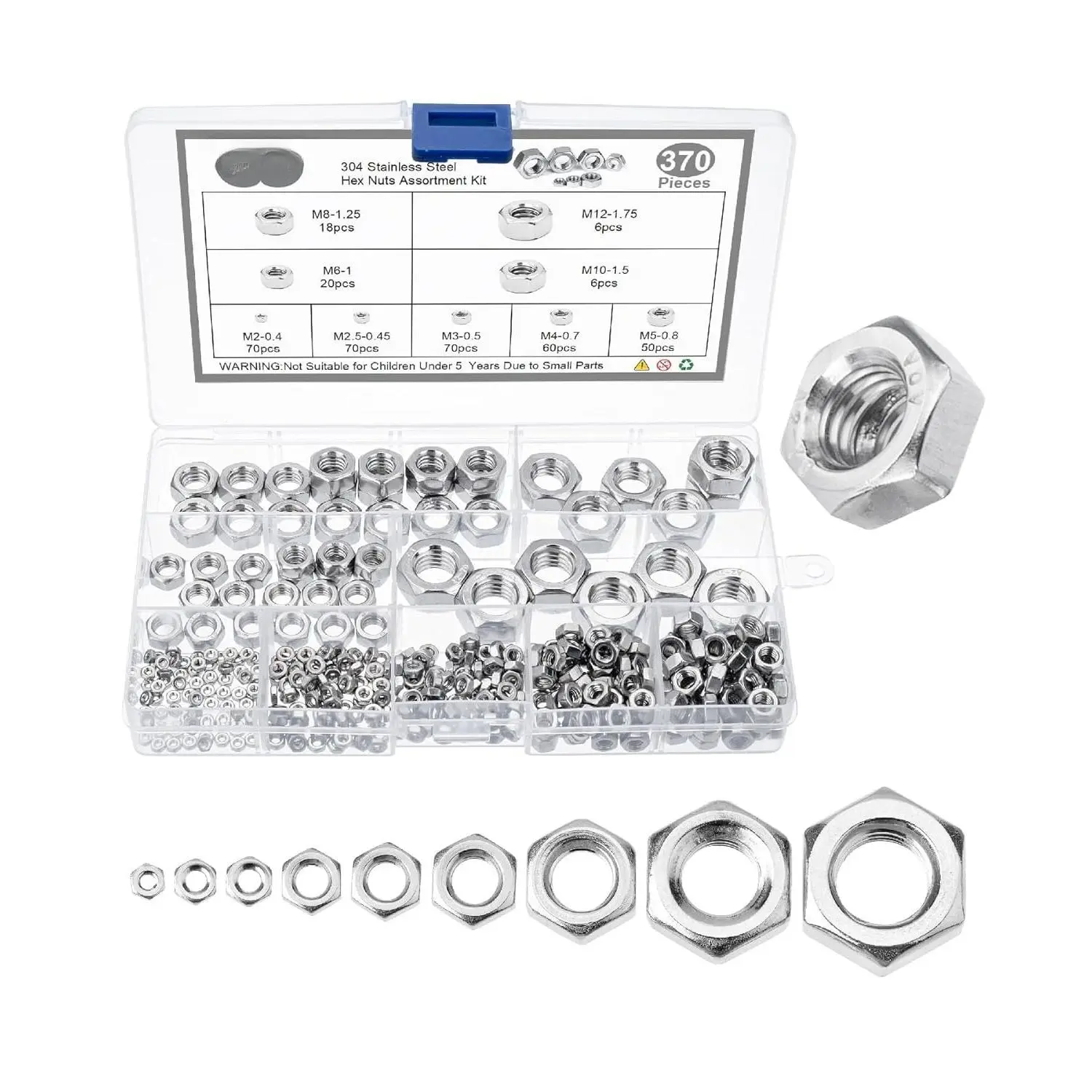 - Metric Hex Nuts Assortment Kit, 370 count, Stainless Steel, Metric Nut Assortment 9 Sizes (M2 M3 M4 M5 M6 M8 M10 M12), Hardware Nuts