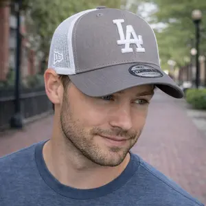 LA Dodgers Grey Trucker Hat – White Raised Logo, Breathable Mesh Back, Curved Brim Adjustable Cap