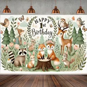1pc 2D Flat Forest Animal Birthday Party Banner - Vibrant Polyester Backdrop with Deer, Foxes, Raccoons & Butterflies, Perfect for First Birthday Celebrations, Cake Table Decor, Baptism & Outdoor Events, Festive