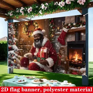 2D Flat, 1count Large African-American Santa Claus Christmas Flag, Festive Backdrops & Banners, Single Sided Polyester Fabric Banner -150x100cm Black & White Holiday Party Decorations with Iconic Red Suit Santa & Presents, Yard Sign Banner