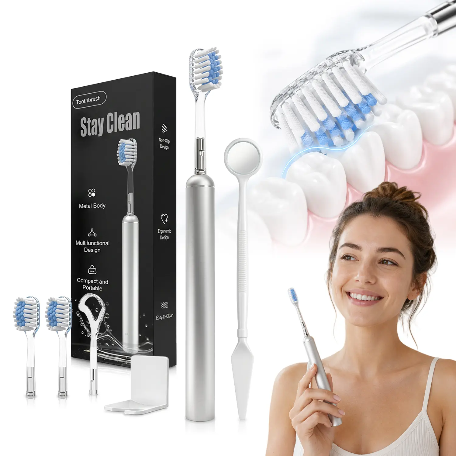 Luxury Manual Toothbrush Set for Sensitive Teeth Wall Mount Tongue Scraper Oral Mirror All in One Soft Bristles Eco-conscious Alloy Handle 3 Replaceable Brush Heads Sustainable Refillable Toothbrush Elegant for Home, Hospitality or Travel Toothbrushes