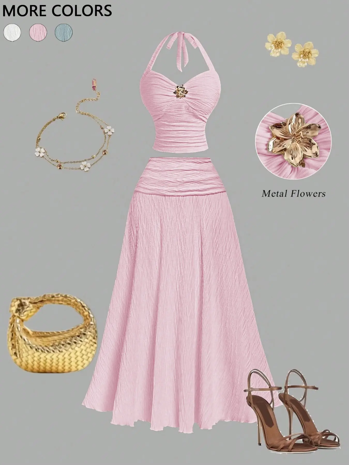 French Chic Two-Piece Set, Summer Breathable Knitted Metal Flower Design Sleeveless Halter Bustier Top & High Waist Long Skirt, Elegant Fashion Clothes