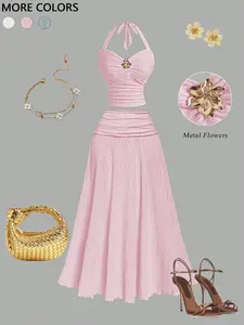 French Chic Halter Set, Summer Knitted Metal Flower Buckle Bustier + High Waist Long Skirt Two-Piece Set Nk-0004-Yz056, Elegant Fashion