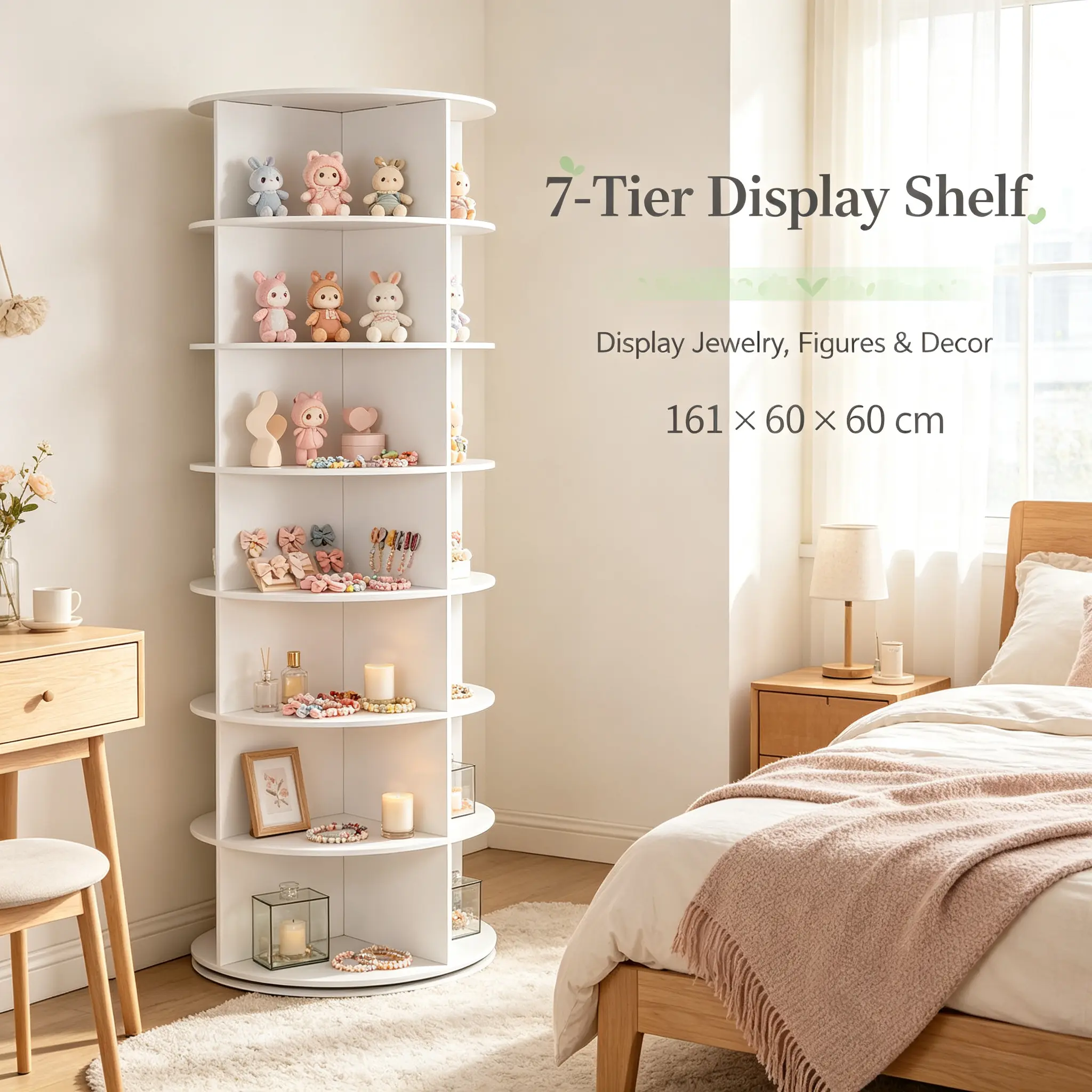 White 7-Tier 360° Spinning Freestanding Display Stand, shoe rack Space-Saving Home Organizer for Figurines & Jewelry (Home Supplies Storage Rack)