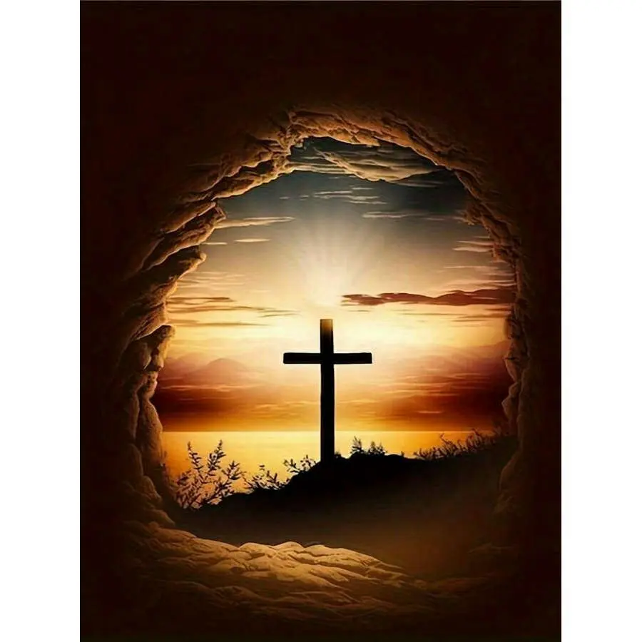 Christian Cross in Cave at Sunset Diamond Painting Kit, Religious Cross with Sunrise Light View from Tomb Art, High-Quality Full Drill Round & Square Rhinestone Mosaic, 5D DIY Handmade Cross Stitch Home Wall Decor, 12x16 inch / 30x40cm