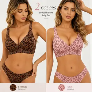 Seamless Wireless Sport Bra for Women, Buttery Soft Leopard Print Jelly Bra with Back Smoothing, Everyday Comfort Lift Sport Bra S-2XL exercise