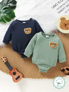 2-piece Casual And Cute Baby Boy Jumpsuit Set, Soft And Comfortable, Cartoon Bear Pattern Embroidered Patch Round Neck Long Sleeved Jumpsuit