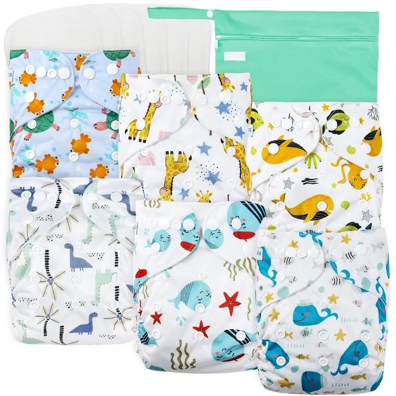 OUTDOOR Cloth Diapers Reusable for Boys and Girls, Baby Diaper Cloth with Inserts & Wet Bag One Size (Undersea)