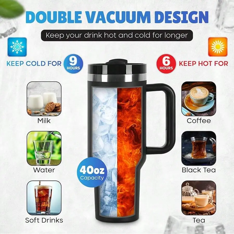 1 Piece, Compatible With Stanley Cup 40 Oz Stainless Steel Tumbler With Handle And Straw,  Double Wall Vacuum Insulation Thermal Hot And Cold Beverages Flask Water Bottle For Home, Office And Outdoor Activities Camping, Hiking, Driving, Drinkware Metal