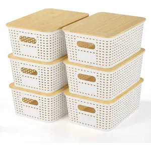Plastic Storage Baskets With Bamboo Lid - Plastic Storage Containers Stackable Storage bins: Storage Baskets for Organizing Shelves Drawers Desktop Closet Playroom Classroom Office, 6 Pack