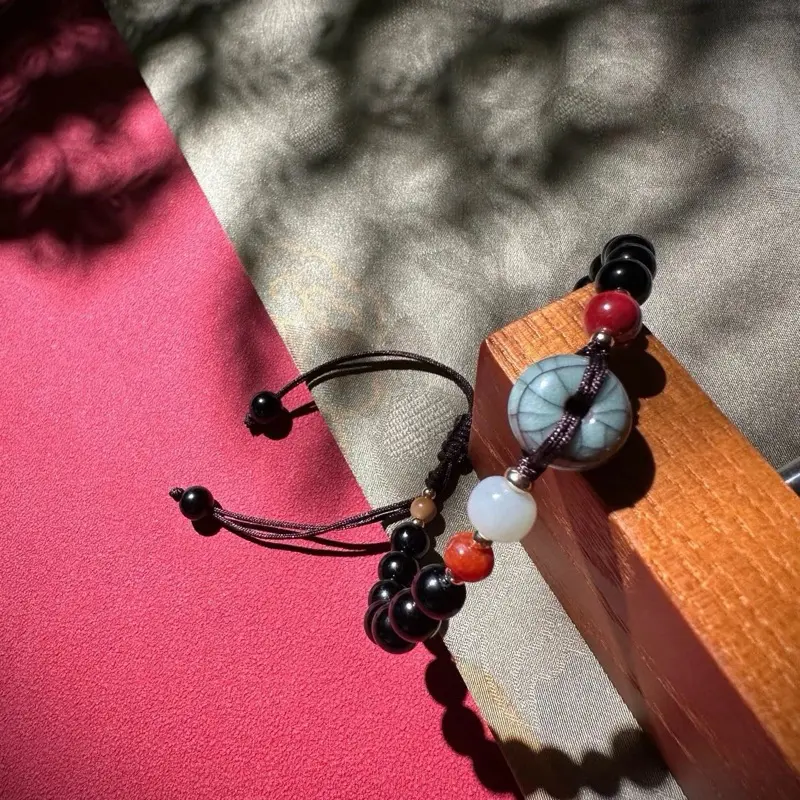 Handmade Chinoiserie Celadon Safety Buckle & Black Obsidian Adjustable Woven Bracelet | Oriental Lucky Unisex Jewelry