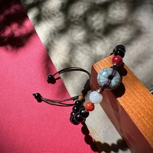 Handmade Chinoiserie Celadon Safety Buckle & Black Obsidian Adjustable Woven Bracelet | Oriental Lucky Unisex Jewelry