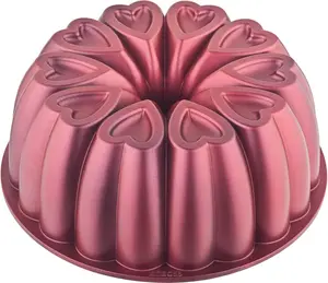 10 Inch Heart Shape Fluted Tube Cake Pan 12 Cups Cast Aluminum Non-Stick Titanium Coating Heavy Duty Molded Pan Easy to Clean Ideal Baking Gift for Mom (Red)