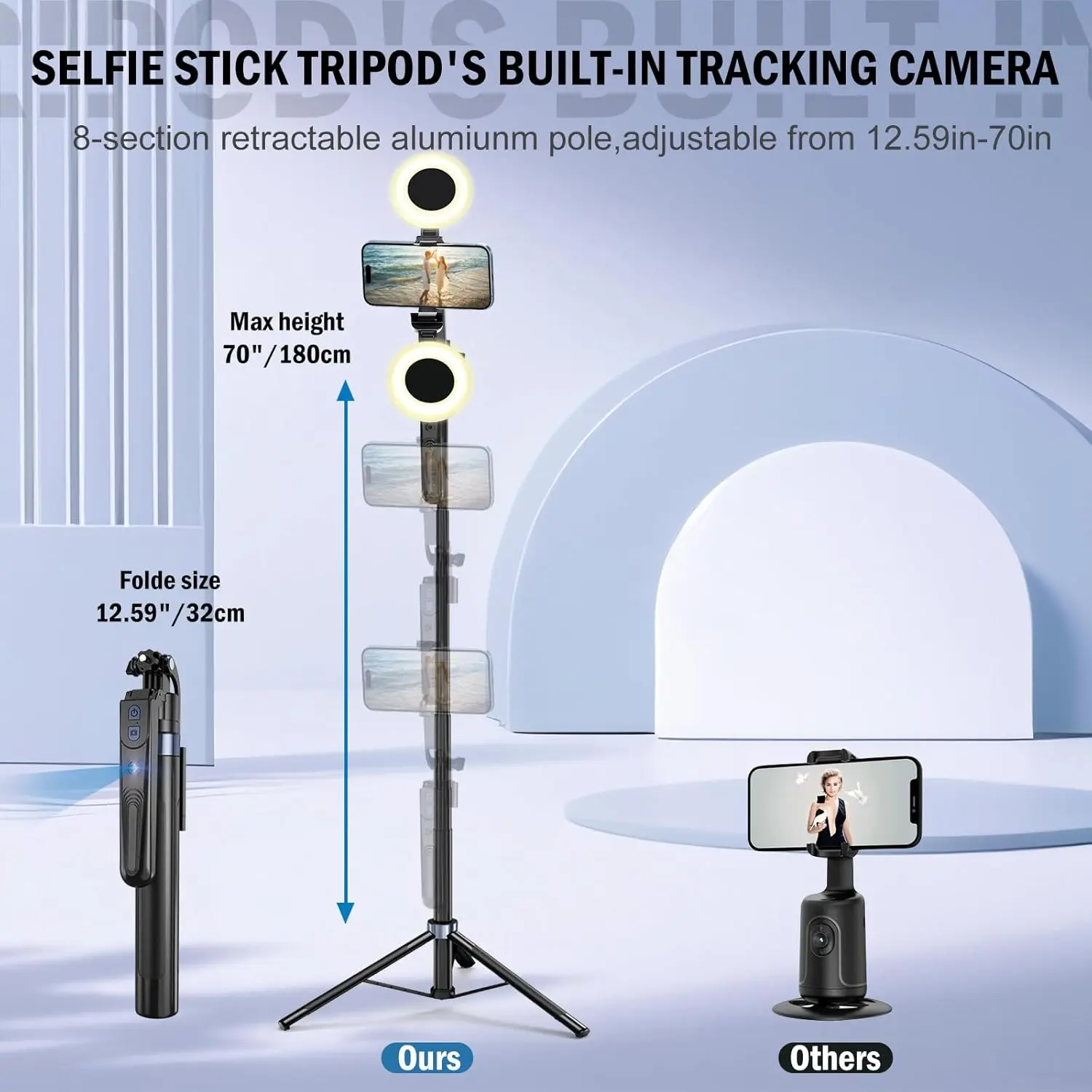 Zarcaco 12.59in-70.9in Aluminium Extendable Mobile Tripod with Light, Rotatable Smartphone/Digital Camera Mount, Bluetooth Auto Face Tracking, Gesture/Remote Control, Detachable Handle, Built-in Batteries, Selfie Stick Accessories for Content Creators