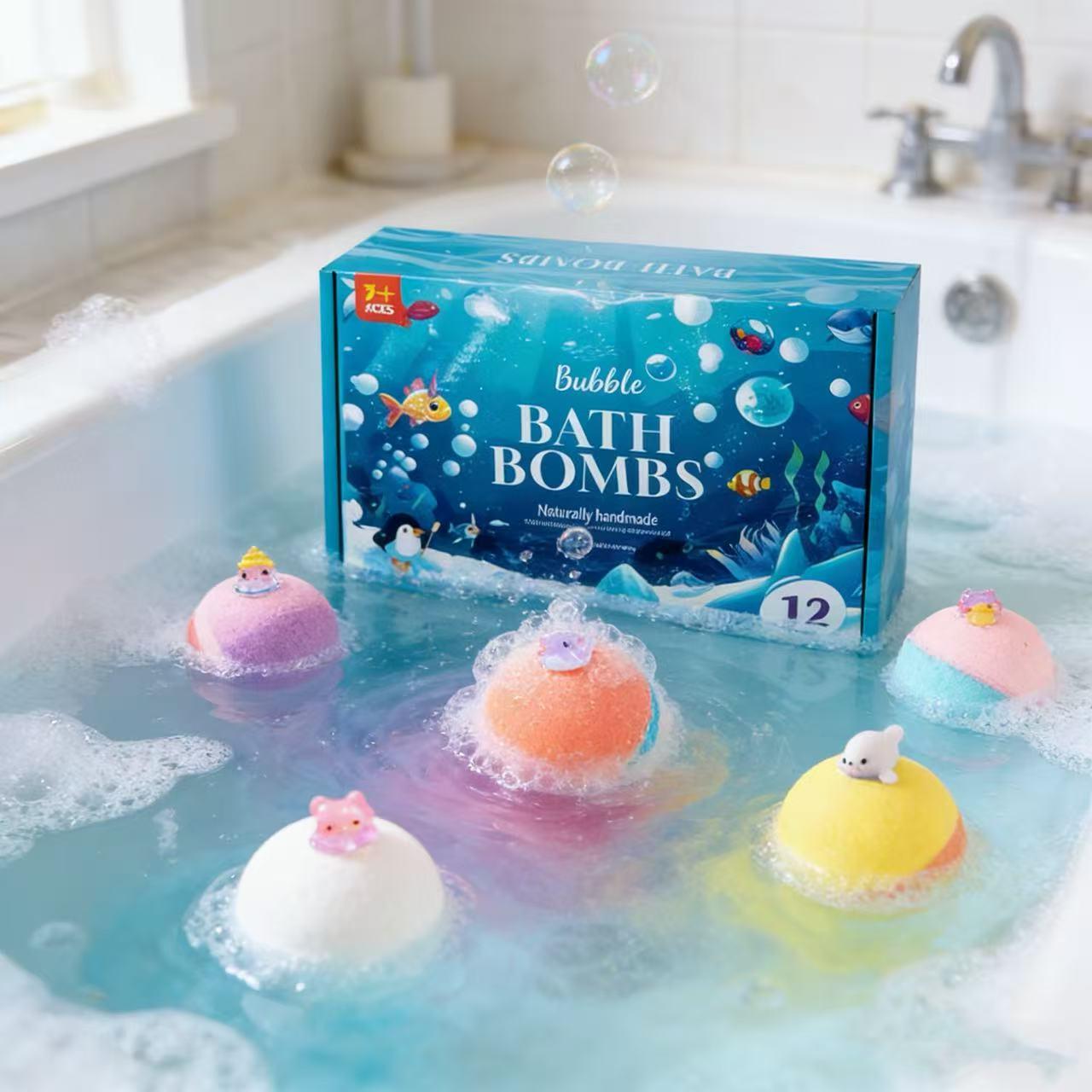 Surprise bath balls, 12-piece ocean surprise toy bath ball set, Easter basket filler gift box, includes ocean animal toys, suitable for toddlers and boys, natural color-changing foaming bath balls (Ocean Animal Series).
