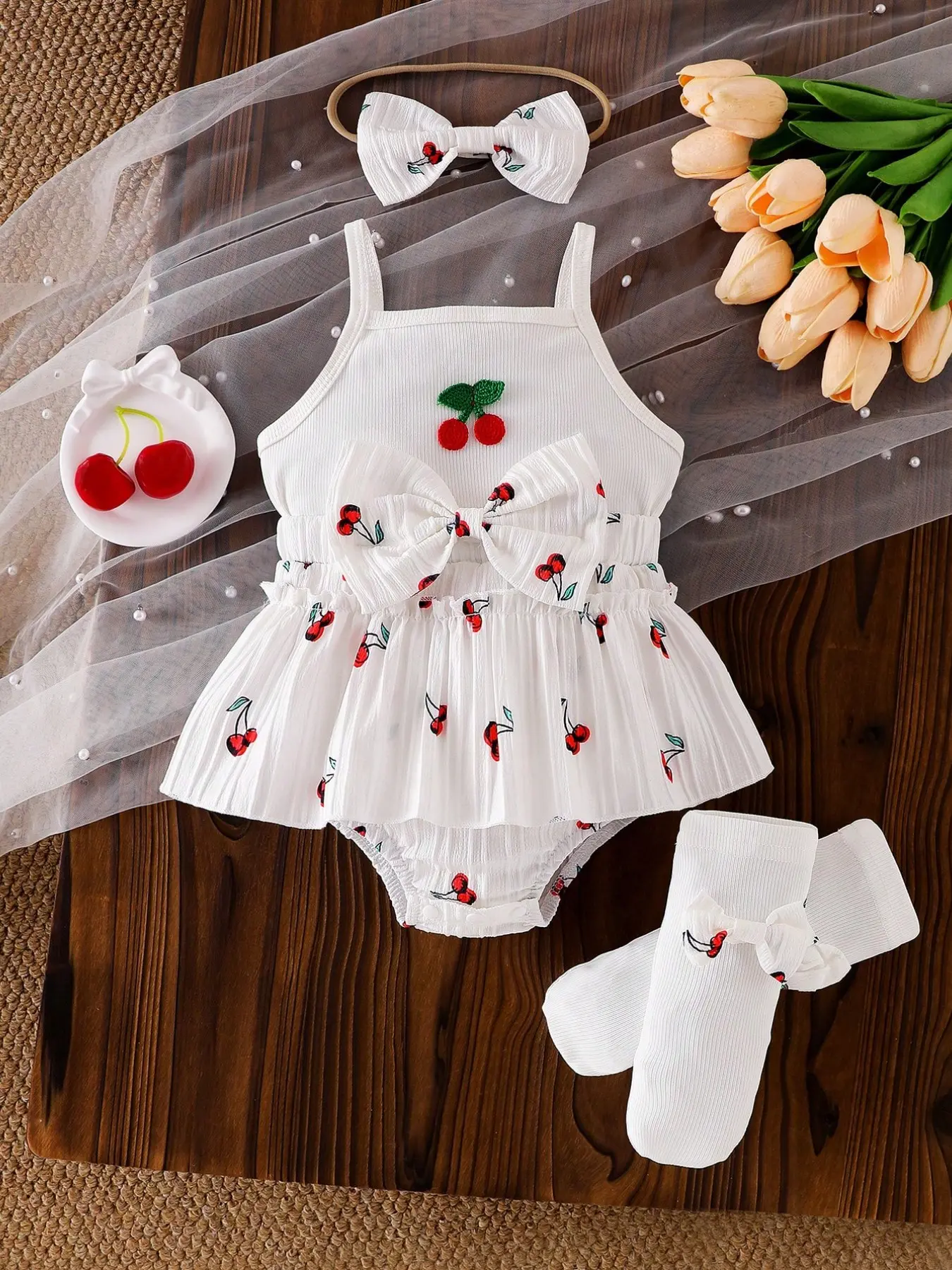 Baby Girls Summer Sweet Fresh 4-Piece Set, Cherry Print, Cherry Bow Tie Waist Sleeveless Romper, Includes Hairband and Butterfly Socks