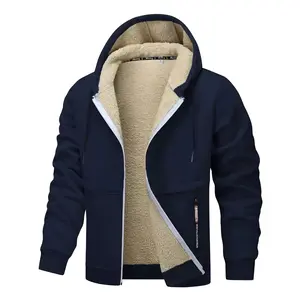 Men's Fashion Lined Hoodie - Warm and Comfortable Solid Color Zipper Autumn/Winter Casual Polyester Fiber Jacket with Drawstring Hoodie, Cold Weather Clothing |   Fashion Hoodie |   Plush Lined Hoodie