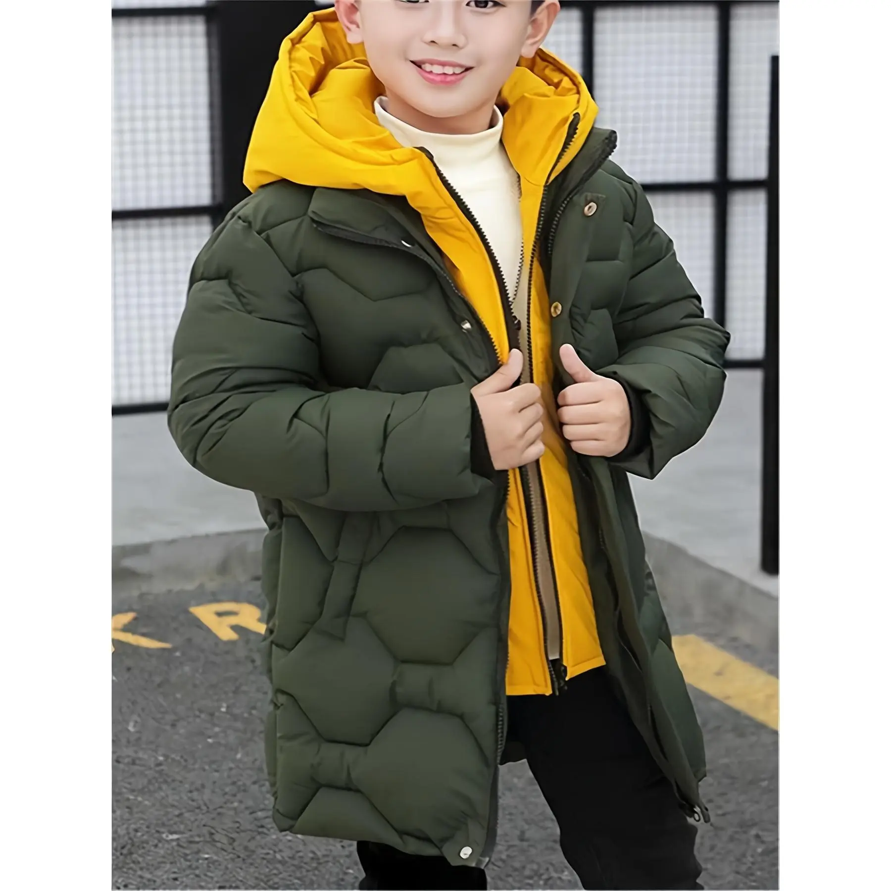 Thickened Double Zipper Winter Hooded Parka Coat |             Boys' Long Jacket with Padded Collar Warm Jacket for Teenagers |              Black and yellow design, casual style, suitable for cold weather, winter clothing