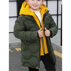 New[Double-Zip Hooded Parka] Thickened Double-Zip Winter Hooded Parka |           Boys' Long Coat with Padded Collar, Warm Outerwear for Youngsters |           Black & Yellow Design, Casual Style, Perfect for Cold Weather, Winter Clothes