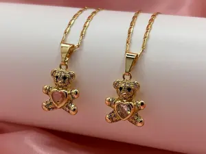Gold Plated Teddy Bear with Rhinestone Pendant & Necklace